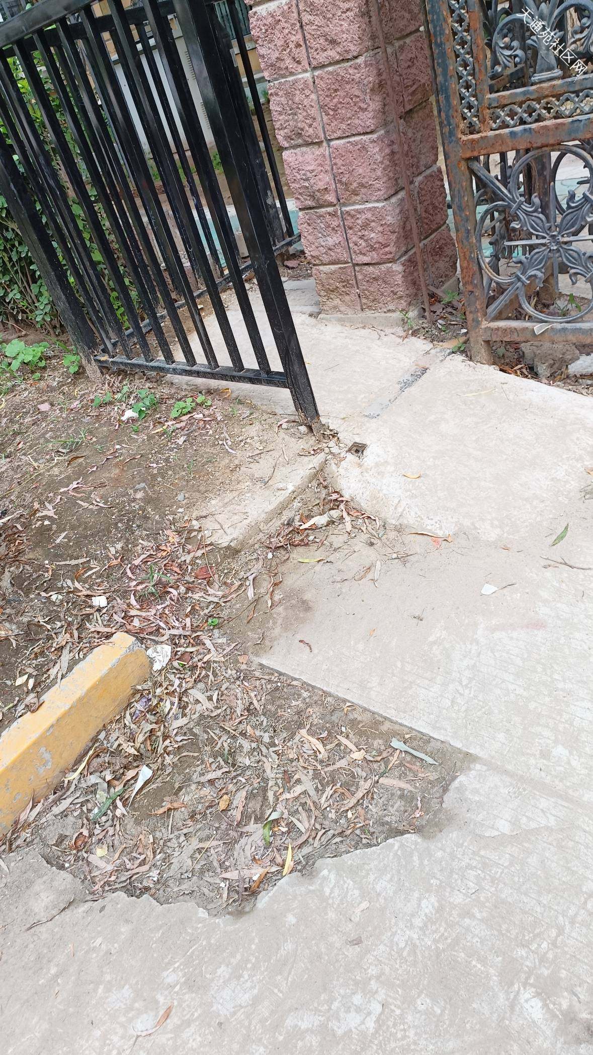 请修补或填补天通苑四区东北门行人出口处道路的坑洼之处